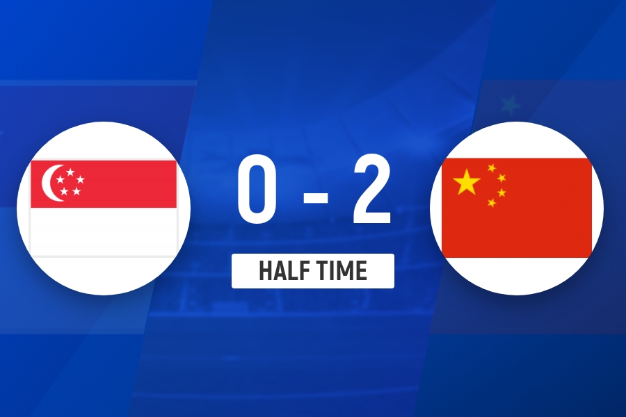 半场-国足暂2-0新加坡 塞鸟国足处子球张玉宁点射谢文能助攻