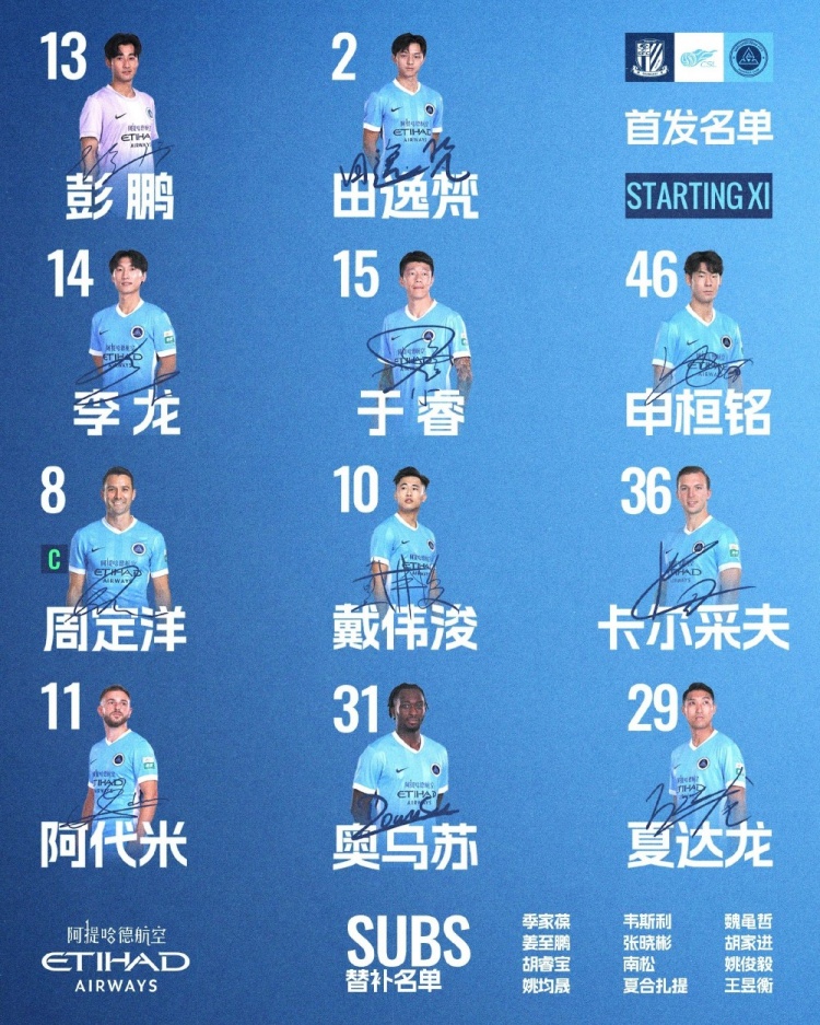 🔥深圳新鹏城客战上海申花首发阵容出炉！