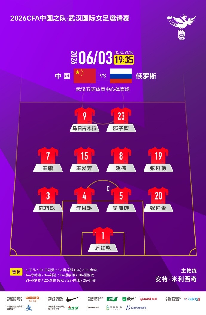 武汉国际女足邀请赛，中国女足对俄罗斯女足，中国队公布首发阵容