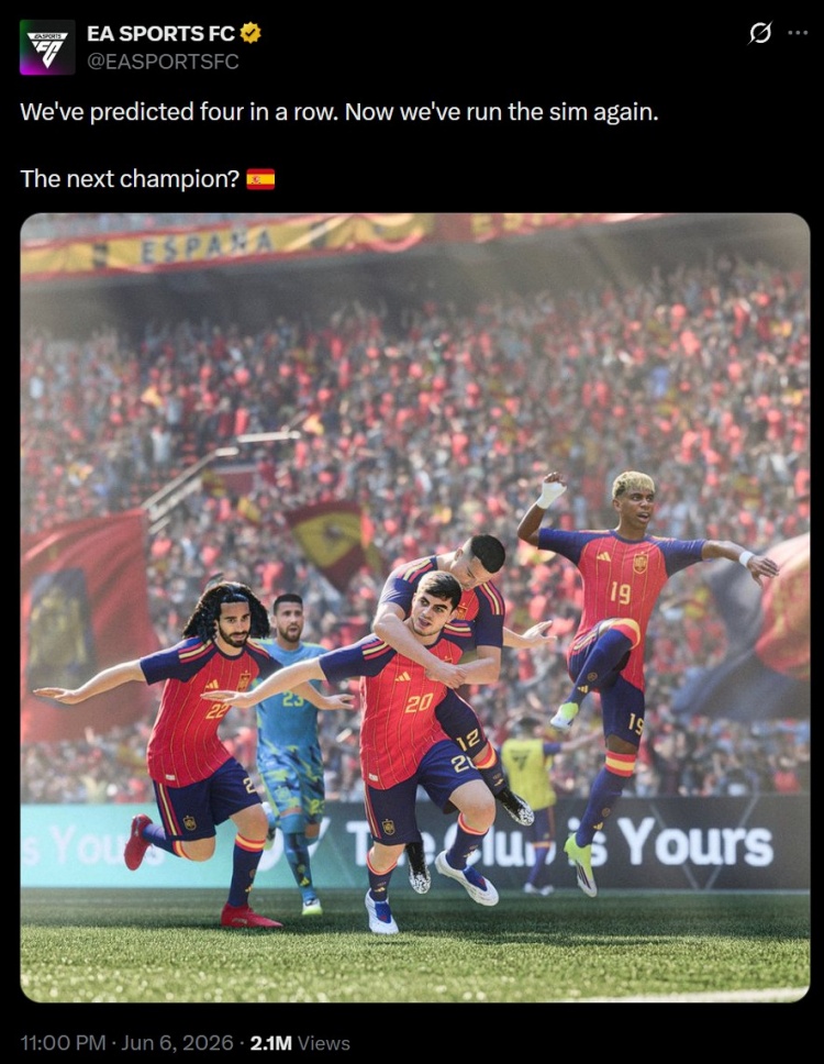 战绩可查！FC26官方：已经4届世界杯预测正确 今年预测西班牙夺冠