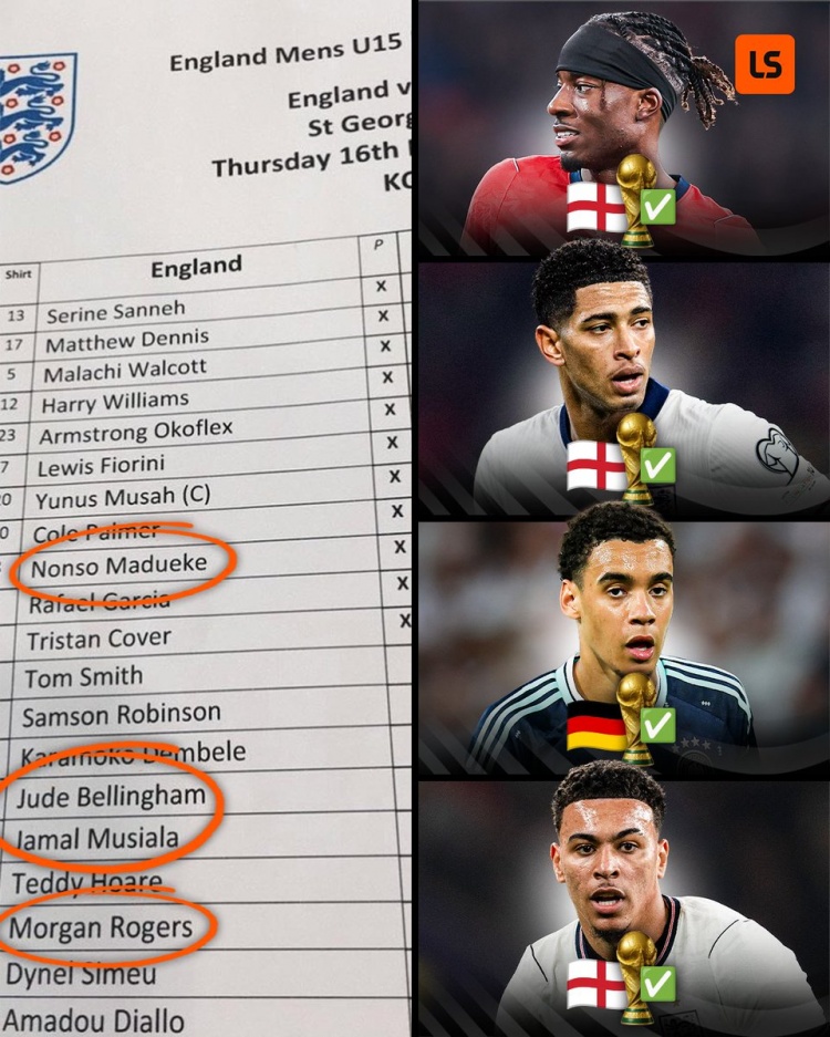 齐聚世界杯！马杜埃凯、罗杰斯、贝林、穆西亚拉曾效力英格兰U15