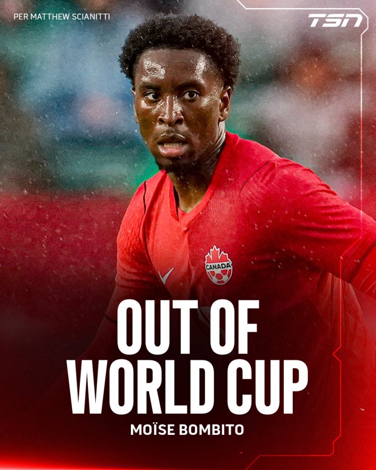 外媒：加拿大国脚中卫波姆比托伤势未愈，无缘世界杯