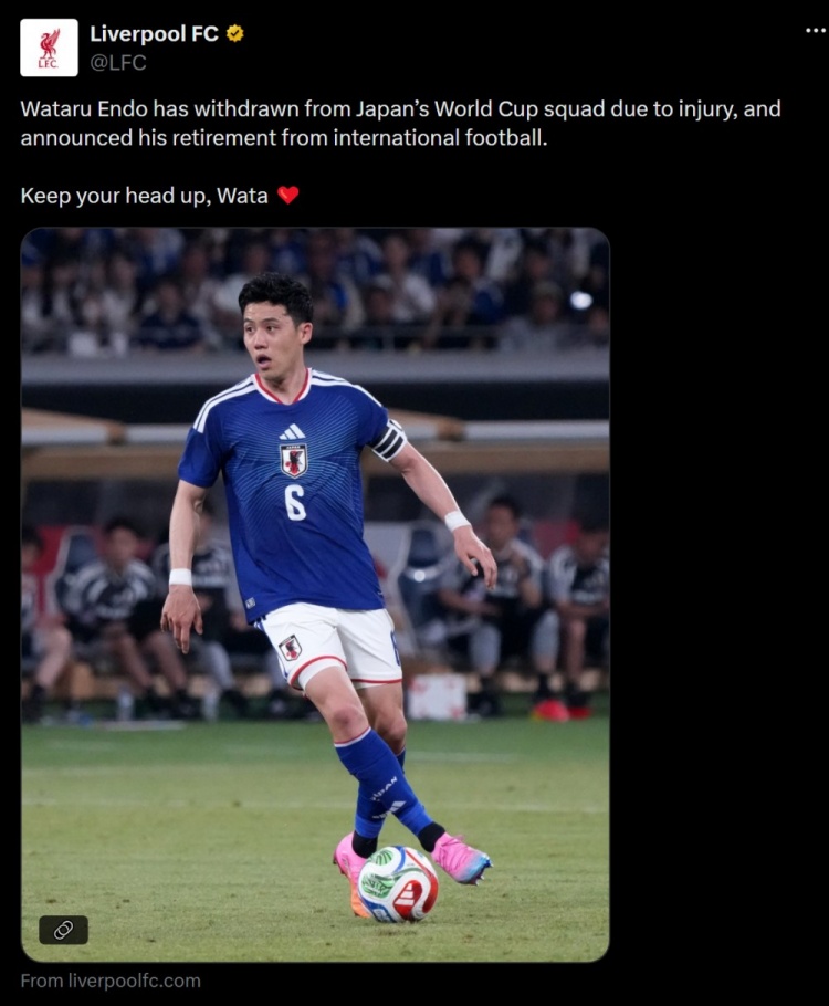 远藤航因伤无缘世界杯，利物浦社媒鼓励球员：振作起来